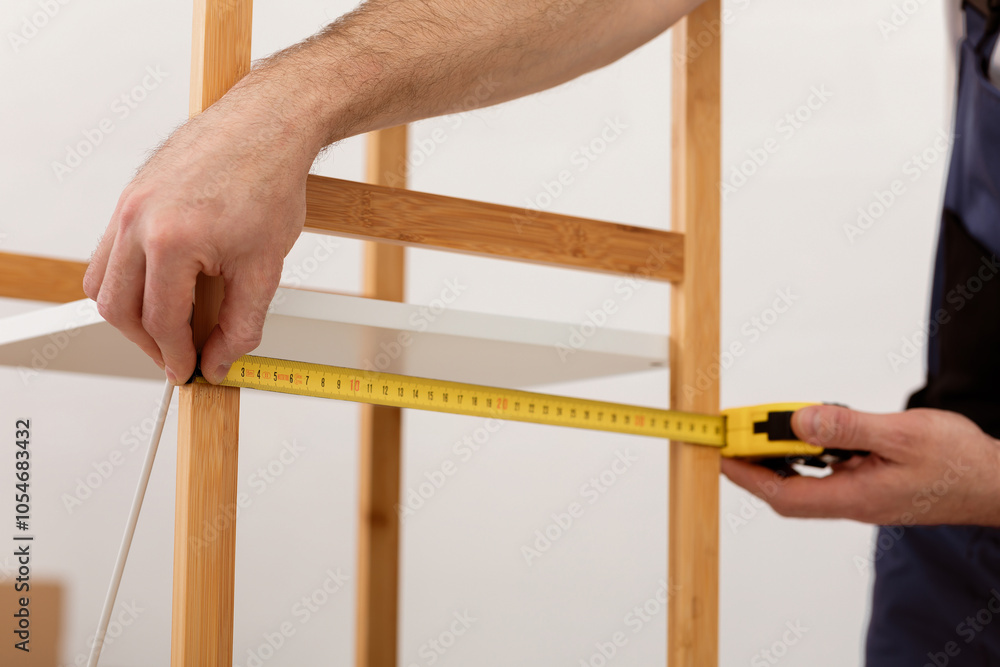 Poster carpentry profession. cropped shot of carpenter measuring wooden shelf with tape tool assembling fur