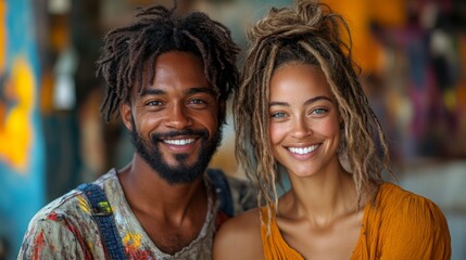 Multi-racial couple collaborating on creative project in vibrant urban setting during daylight