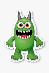 Fototapeta premium Adorable green cartoon monster with big eyes and sharp teeth, perfect for children's illustrations.