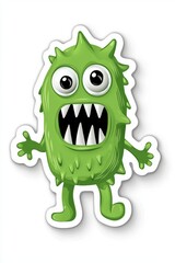 Fototapeta premium Cartoon green monster with big eyes and sharp teeth, cheerful expression, perfect for children's themes.