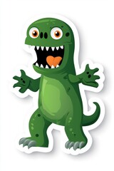 Fototapeta premium A cheerful green cartoon dinosaur with bright orange eyes and a wide grin, showcasing a playful personality.