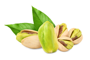 Pistachios and green leaves on white background. Tasty nut