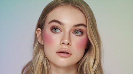 Naklejka premium Young Blonde Woman with Pink Lipstick in Close-Up Portrait