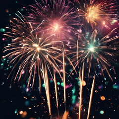 
New Year Fireworks, background panorama, firework pyrotechnics and sparklers on dark black night sky texture., colorful, fireworks, beautiful, night sky, sparkle,