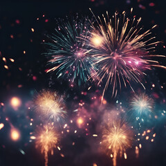 
New Year Fireworks, background panorama, firework pyrotechnics and sparklers on dark black night sky texture., colorful, fireworks, beautiful, night sky, sparkle,