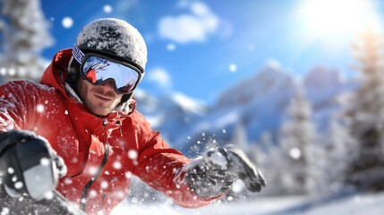 Mountain descent: snowboarder carving through fresh powder in winter mountains, capturing essence of outdoor sports and exhilaration of gliding down pristine slopes under sky.