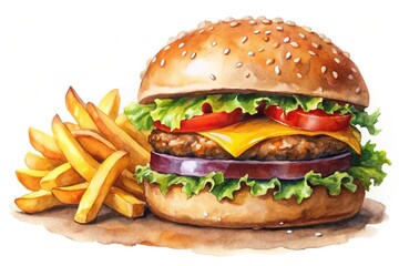 Watercolor painting of burger and fries on white background