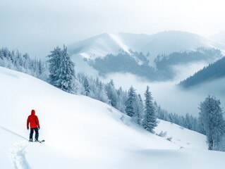 Winter thrill: snowboarder navigating snowy slopes of winter mountains, showcasing skill, adrenaline while enjoying breathtaking scenery and vibrant atmosphere of a snowy adventure.