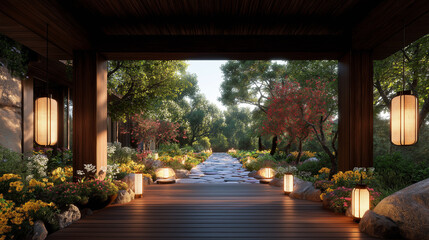 Fototapeta premium Natural pastoral style, the center of the picture is a wooden corridor with potted plants and flowers, some lanterns hanging on the corridor and some flowers. 