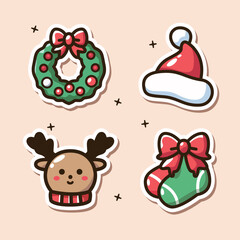 Charming Christmas Icons Set with Wreath, Santa Hat, Reindeer, and Stockings