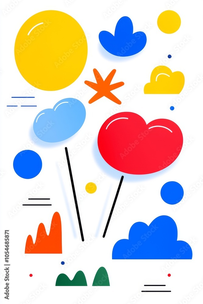 Poster vibrant abstract illustration featuring colorful balloons and shapes, creating a cheerful atmosphere