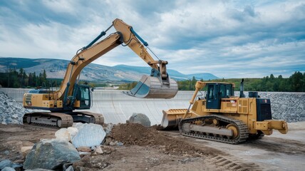 Two yellow excavators parked at a dam construction site on dirt terrain