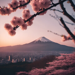fuji mountain, at sunset, beach, beautiful sunset, nice view, sakura tree, photography, DSLR
