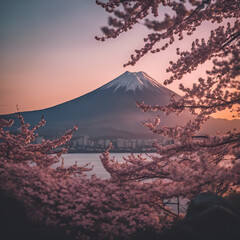fuji mountain, at sunset, beach, beautiful sunset, nice view, sakura tree, photography, DSLR