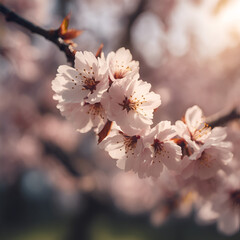 
Detail of cherry blossom tree in spring, golden light, cinematic, realisitc, detailed, real, contrast, clear.
