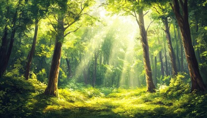 Obraz premium Sunlight streams through the canopy of a lush, green forest, illuminating the woodland floor.