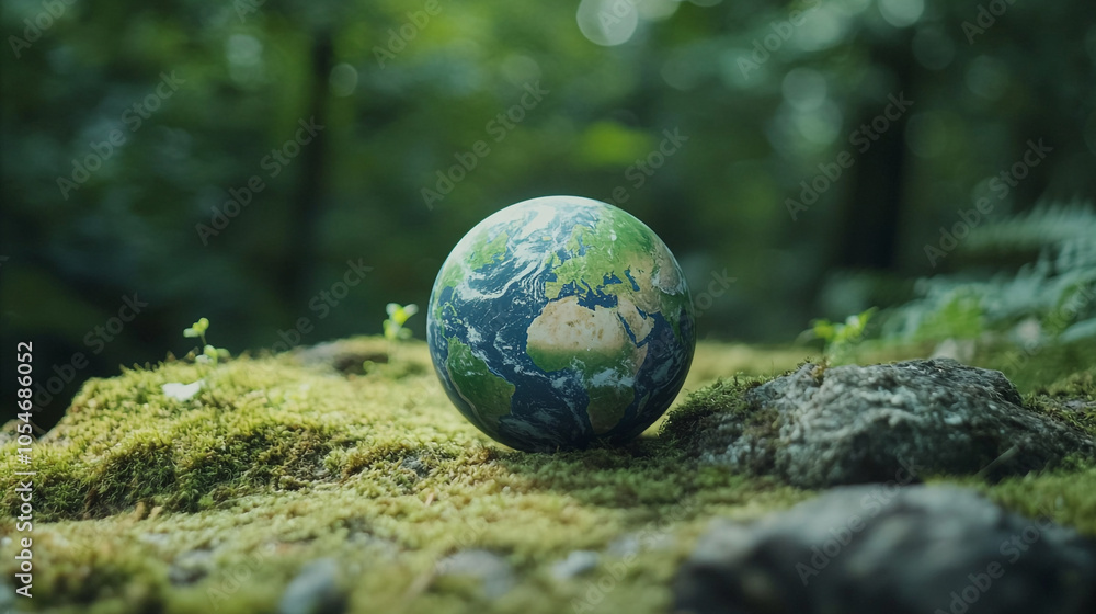 Poster a small globe resting on moss surrounded by lush greenery in a tranquil forest setting