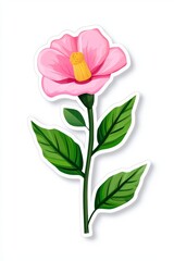 A vibrant pink flower with a yellow stamen and green leaves, showcasing a cheerful and fresh design.