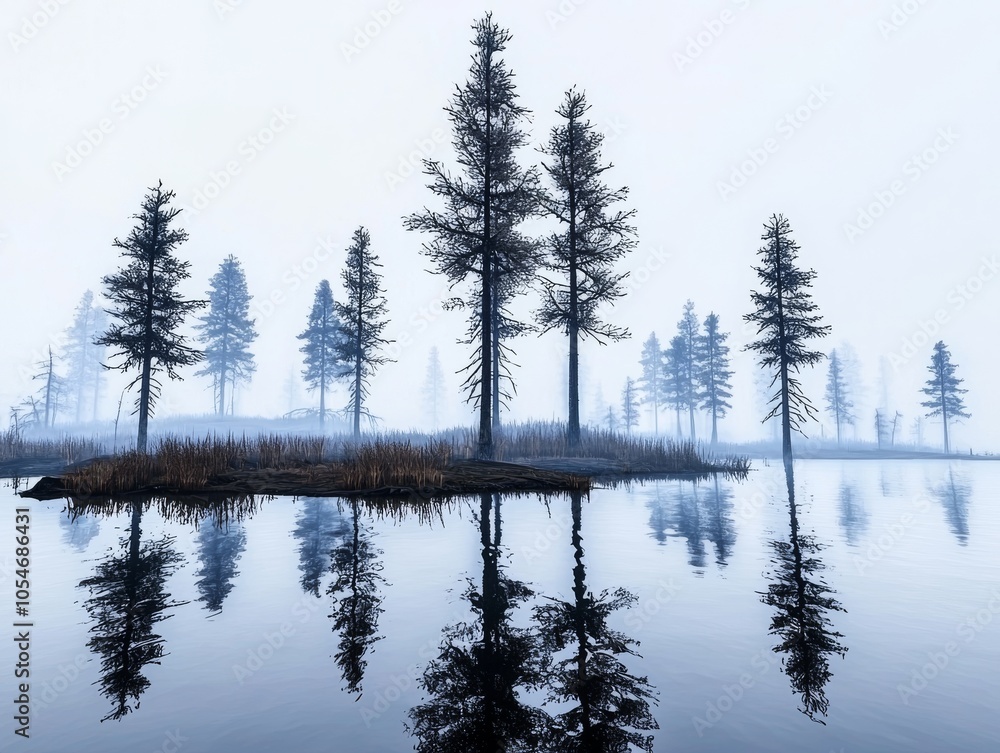Poster misty morning scene with tall trees reflected in a serene lake, creating a tranquil and ethereal atm