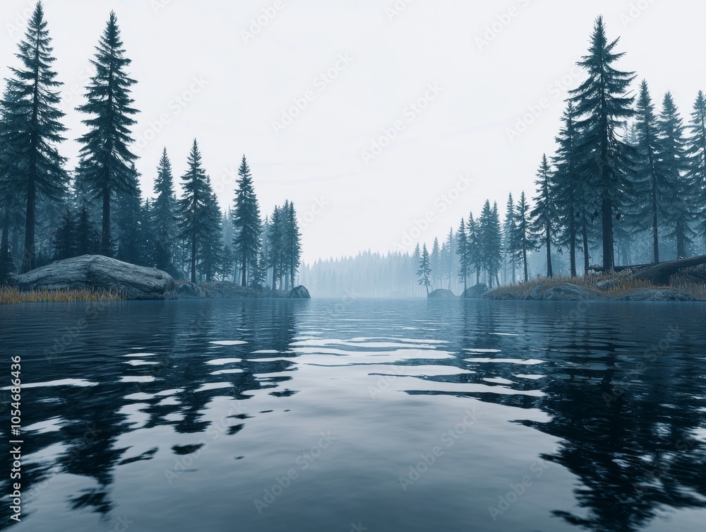 Poster a serene landscape of a foggy lake surrounded by tall evergreen trees, creating a tranquil and peace