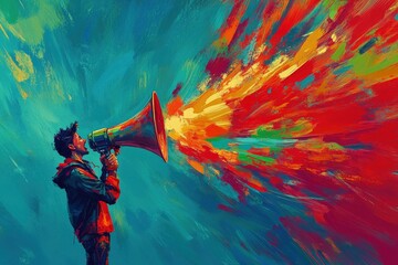 A man with a megaphone in his hand shouts into the void.