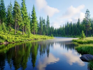 Obraz premium A serene forest scene with tall pine trees reflecting in the calm lake water under a blue sky.