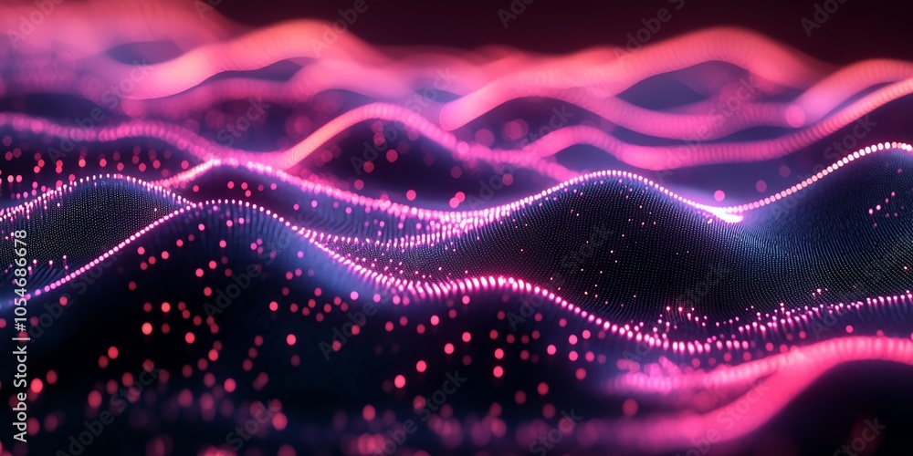 Poster abstract wave pattern with pink and blue glowing lights.