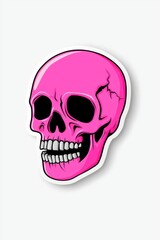 Obraz premium Bright pink skull illustration with black accents, featuring a cracked surface and white teeth, showcasing a playful, edgy aesthetic.