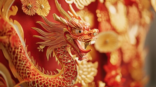 Festive Lunar New Year decorations including red and gold banners, dragon motifs,