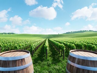 Obraz premium A stunning view of lush green vineyards under a clear blue sky, with wooden barrels in the foreground.