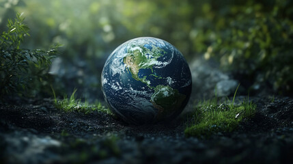 A vibrant view of Earth resting on lush green grass in a serene natural setting during daytime