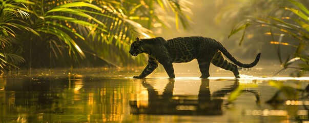 Black panther walking in water in rainforest. Hunting big wild cat in jungles. Nature and wildlife conservation concept. Exotic animal. World Wildlife Day