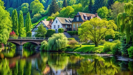 Obraz premium Scenic view of green trees and houses near river with bridge