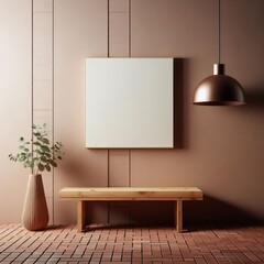 A room design with a table, and a lamp on the floor, featuring wooden elements, brick walls, and an empty, spacious atmosphere for products display