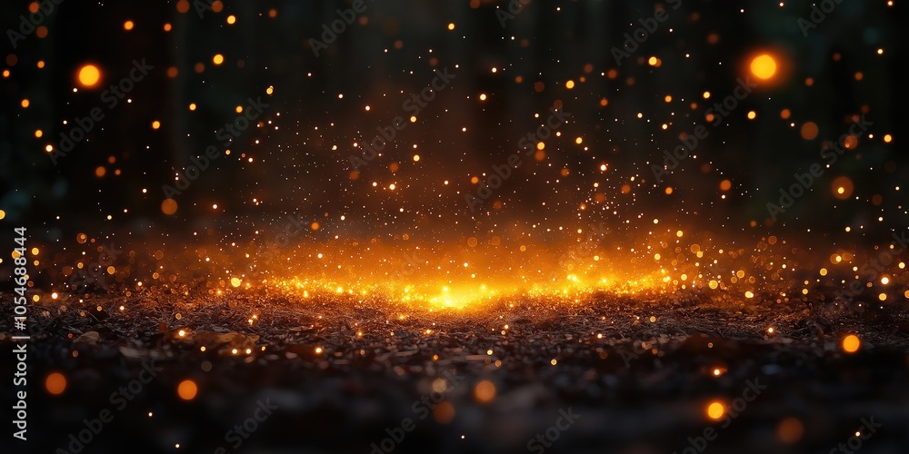 Poster glowing particles hover softly above dark ground creating a warm atmosphere filled with golden hues 