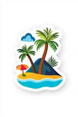 Obraz premium Vibrant tropical beach scene with palm trees, a mountain backdrop, and an umbrella, evoking a summer paradise.