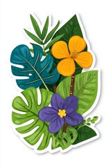 Obraz premium A vibrant floral arrangement featuring tropical leaves and colorful flowers, capturing a lively botanical essence.