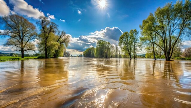 Scenic view of Kallmuenz village during flooding on the Naab river in Bavaria