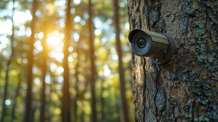 Outdoor security camera hidden in nature, recording for any signs of trespass.