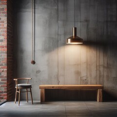 Classic wooden empty bench near the wall in a simple empty room, for display product