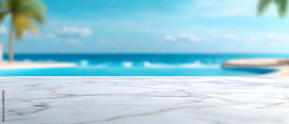 Poster beautiful blurred background of a poolside paradise with ocean view and palm trees.