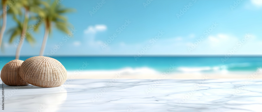 Poster two shells on a marble surface with a beautiful tropical beach and palm trees in the background.