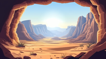 Stunning desert landscape seen from a rocky cave. majestic canyon under a sunlit sky. nature backdrop for adventure and travel. ai. Sunny Desert Canyon. Illustration