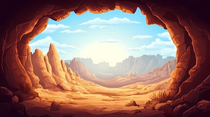 Stunning desert landscape seen from a rocky cave. majestic canyon under a sunlit sky. nature backdrop for adventure and travel. ai. Sunny Desert Canyon. Illustration