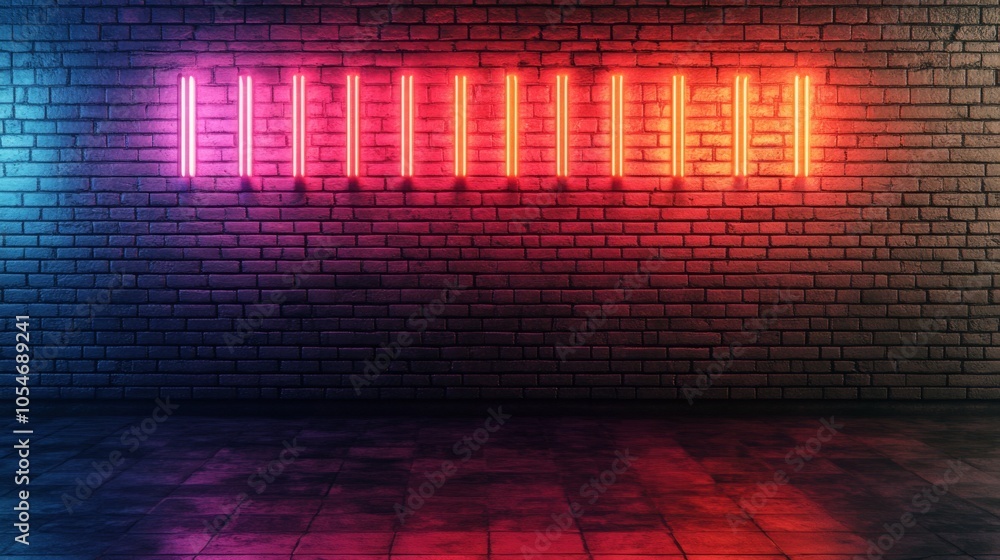 Poster A series of colorful neon lights glow against a textured brick wall, creating an inviting urban atmosphere. The illumination enhances the unique character of the space, perfect for nightlife.