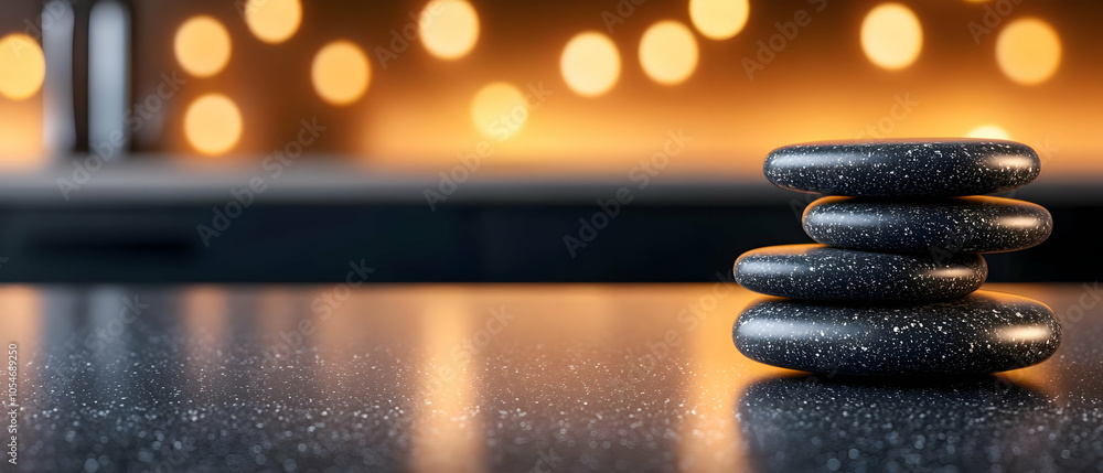 Poster stacked smooth stones on a reflective surface with a warm, blurred background creating a serene atmo