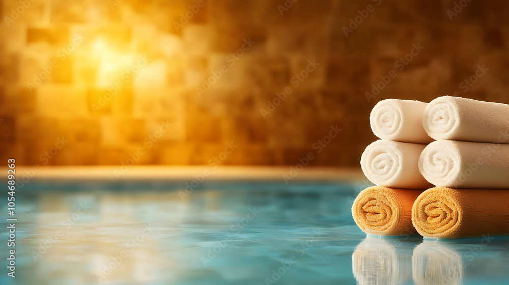 Poster stacked rolled towels by a tranquil pool with a warm, inviting background for relaxation and wellnes