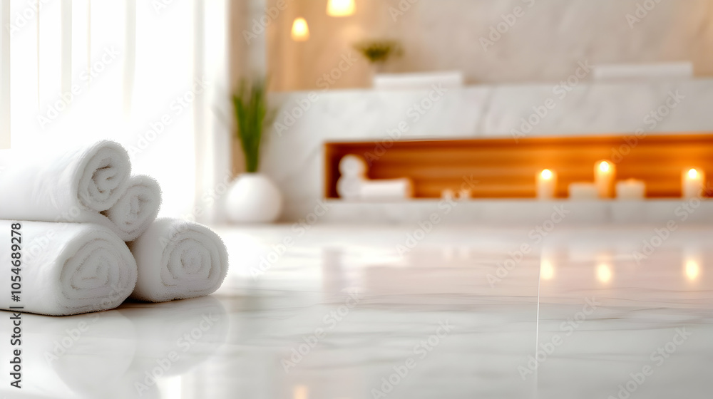 Poster relaxing spa environment with neatly rolled white towels and soft lighting, creating a serene atmosp