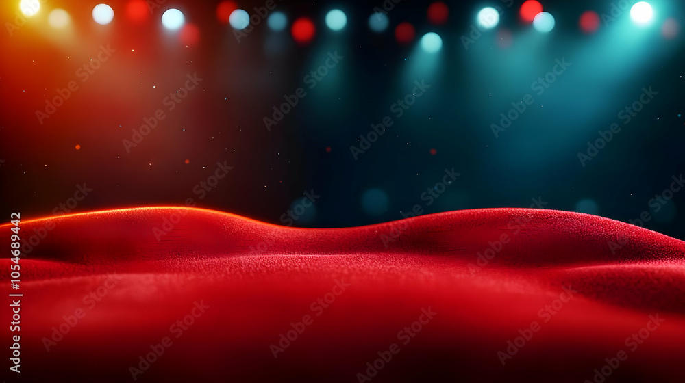Poster vibrant red textured surface illuminated by colorful stage lights, creating a dynamic visual atmosph