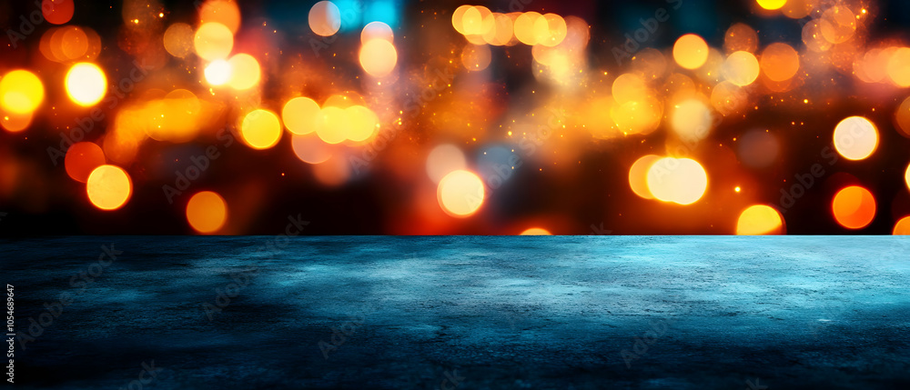 Poster abstract blurred bokeh lights illuminate an empty tabletop, creating a vibrant and colorful backgrou